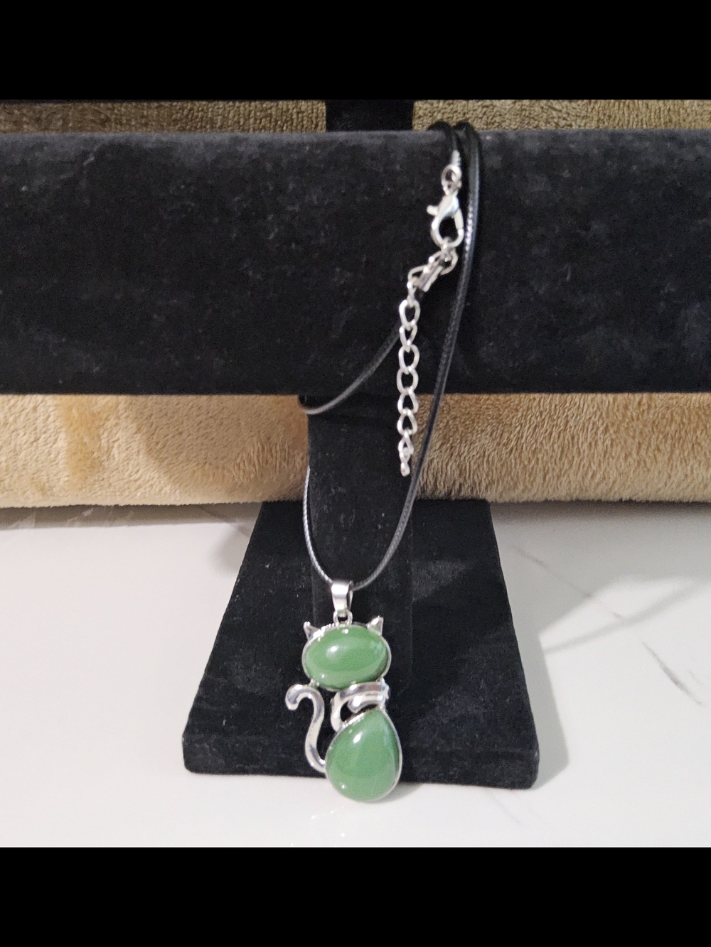 Green Aventurine Jade Stone Silvertone Cat Pendant Necklace on Black Cord